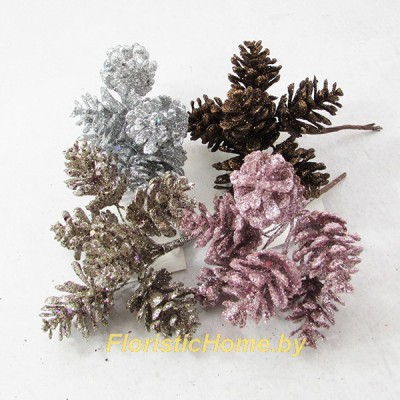 Шишка в глиттере 6 шт. в связке d 3,5 см х L 4 см, 0 - в ассортименте