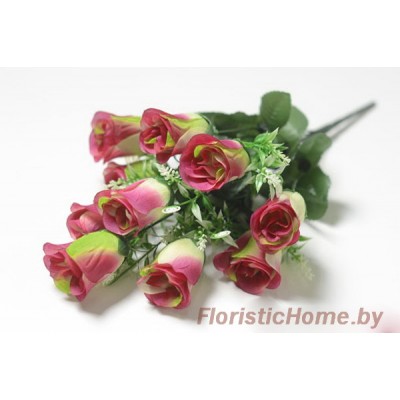БУКЕТ ЦВЕТОВ Розы с завитками и тычинками, h 44 см, малиново-вишневый-салатовый