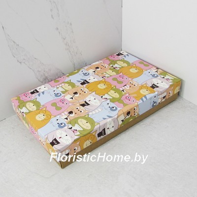 КОРОБКА   25 см х 15 см х 4 см, "Коты с рыбкой" c крафт дном