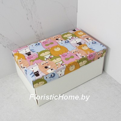 КОРОБКА   20 см х 12 см х 9 см, "Коты с рыбкой" c белым дном