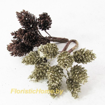 Шишка в глиттере 12 шт. в связке d 2 см х L 3,5 см, 0 - в ассортименте