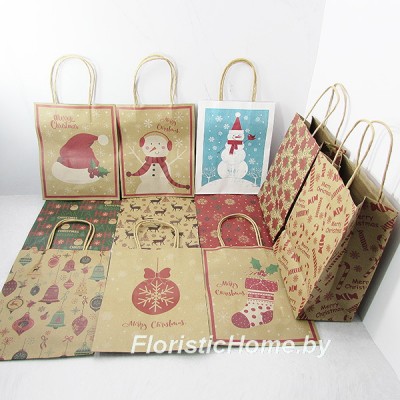 КРАФТ-ПАКЕТ Цветной (с рис. "Новый год") с кручеными ручками, 26 см х 33 см х 13 см, 0 - в ассортиме