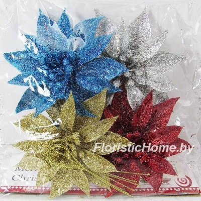 ДЕКОР Набор Пуансеттия в глиттере, 4 шт., 10 см, 0 - в ассортименте