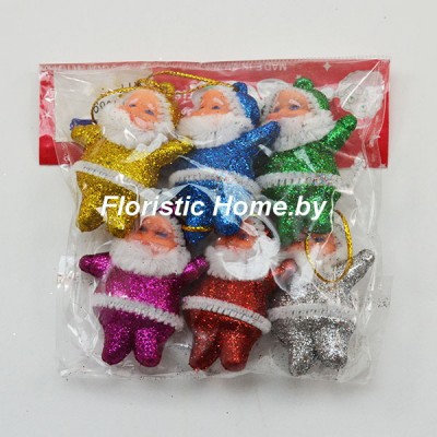 ДЕКОР  Набор " Дед Мороз " 6 шт.в упак., пластик, L 5 см, разноцветные в глиттере,