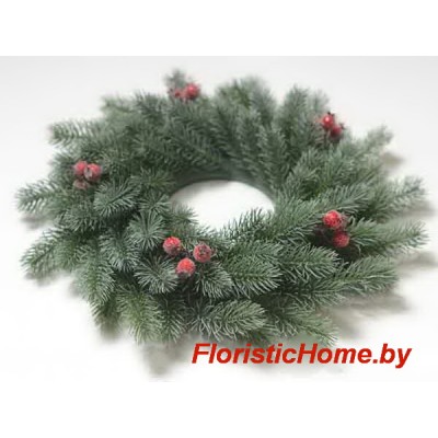 ВЕНОК из искусств. еловых лапок в белой патине с шиповником, d 40 см, 0 - в ассортименте