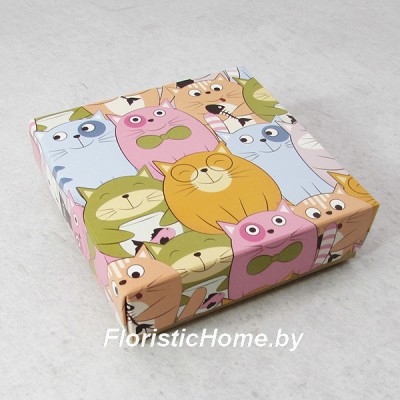 КОРОБКА   10 см х 10 см х 3 см, "Коты с рыбкой" c крафт дном