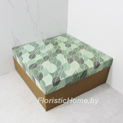 КОРОБКА   31 см х 31 см х 12 см, "Листики" c крафт дном