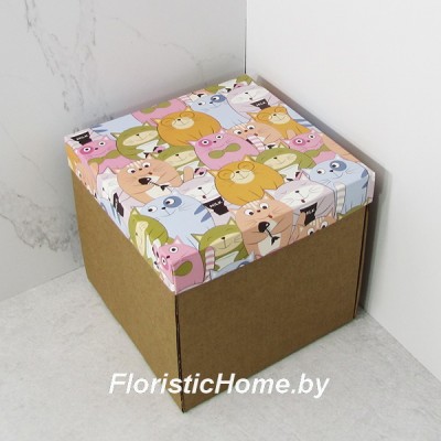 КОРОБКА   15 см х 15 см х 14 см, "Коты с рыбкой" c крафт дном
