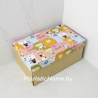 КОРОБКА   35 см х 25 см х 14 см, "Коты с рыбкой" c крафт дном