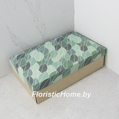 КОРОБКА   25 см х 15 см х 7 см, "Листики" c крафт дном
