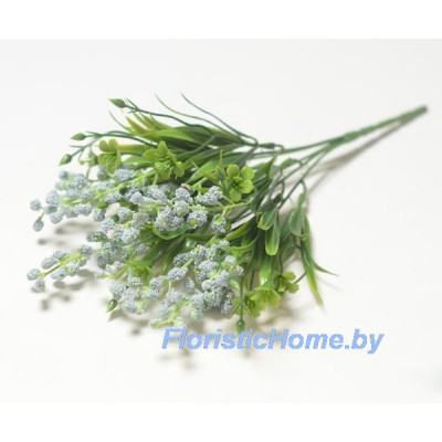 ВЕТКА Куст травы с цветочками и ветками в обсыпке, Пластик, L 33 см, бледно-голубой