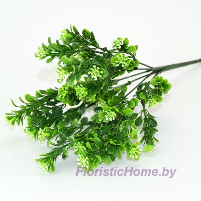 ВЕТКА Куст самшита с цветочками, Пластик, L 31 см, темно-зеленый-салатовый