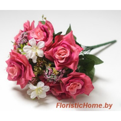 БУКЕТ ЦВЕТОВ Розы с каланхоэ, h 43 см, рубиново-розовый