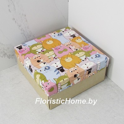 КОРОБКА   15 см х 15 см х 7 см, "Коты с рыбкой" c крафт дном