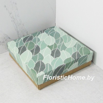 КОРОБКА   15 см х 15 см х 4 см, "Листики" c крафт дном