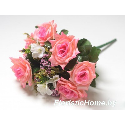 БУКЕТ ЦВЕТОВ Розы с каланхоэ, h 43 см, розово-персиковый