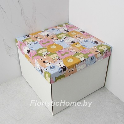 КОРОБКА   20 см х 20 см х 15 см, "Коты с рыбкой" c белым дном