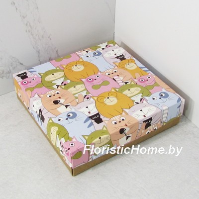 КОРОБКА   15 см х 15 см х 4 см, "Коты с рыбкой" c крафт дном