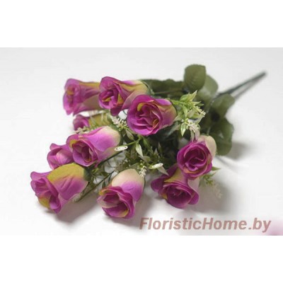 БУКЕТ ЦВЕТОВ Розы с завитками и тычинками, h 44 см, пурпурно-фиолетовый-салатовый